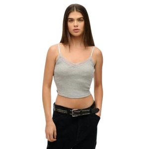 Krótki top z koronkowymi wykończeniami dla kobiet Superdry Athletic Essentials. Szare topy Superdry, l, bez wzorów, z koronki, eleganckie, bez kołnierzyka, bez ramiączek. Za 106,80 zł.