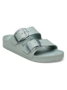 Birkenstock Klapki "Arizona Big Buckle" w kolorze niebieskoszarym rozmiar: 36. Niebieskie klapki Birkenstock, bez wzorów, z otwartym noskiem, bez obcasa. Za 239,95 zł.