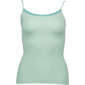 Top w kolorze turkusowym. Niebieskie topy marki Golden Lady, prążkowane, z falbankami. W wyprzedaży za 22,95 zł.