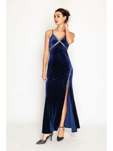 ASSUILI Aksamitna sukienka w kolorze granatowym rozmiar: 42. Niebieskie sukienki Assuili, bez wzorów, klasyczne, bez kołnierzyka, bez ramiączek, maxi. Za 152,99 zł.