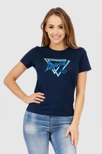 GUESS Granatowy t-shirt damski iconic. Niebieskie t-shirty Guess, s, z aplikacjami, z bawełny, bez kołnierzyka, bez ramiączek. W wyprzedaży za 129,99 zł.