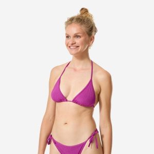 Góra kostiumu kąpielowego damska Decathlon Mae Folk. Fioletowe bikini DECATHLON, bez wzorów, z elastanu. Za 49,99 zł.