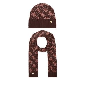 Zestaw szalik i czapka Guess. Brązowe szaliki Guess, z aplikacjami. Za 294,99 zł.