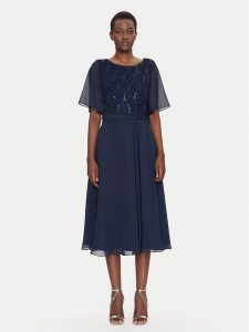 Swing Sukienka koktajlowa 5AI02500 Granatowy Regular Fit. Niebieskie kombinezony Swing, bez wzorów, z syntetyku, wizytowe, bez kołnierzyka, bez ramiączek. Za 439,99 zł.