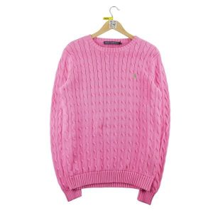 Second life - Damski sweter warkoczowy z warkoczem różowy - Stan dobry. Czerwone golfy Ralph Lauren, bez wzorów. Za 149,06 zł.
