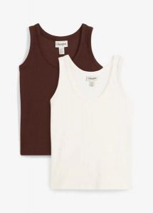 Prążkowany tank top z bawełną organiczną (2 szt.). Białe topy bonprix, bez wzorów, z bawełny, bez kołnierzyka, bez ramiączek. Za 77,99 zł.