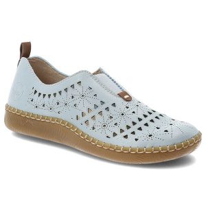 Półbuty damskie Rieker, cholewka ze skóry ekologicznej z ażurowym wzorem wsuwany fason z zabudowanym przodem, niebieskie, N2452-10. Niebieskie półbuty Rieker, na lato, w ażurowe wzory, ze skóry ekologicznej, bez obcasa, na płaskiej podeszwie, bez zapięcia. Za 254,90 zł.