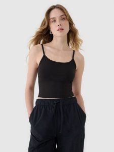 4F Crop-top slim damski - czarny XL. Czarne topy 4f, xl, bez wzorów, z dzianiny, sportowe, bez kołnierzyka, bez ramiączek. W wyprzedaży za 19,99 zł.