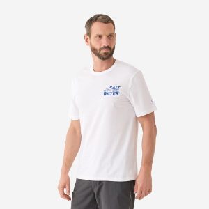 Koszulka z krótkim rękawem tuńczyk. Białe bluzki CAPERLAN, l, bez wzorów, z bawełny, sportowe, bez kołnierzyka, bez ramiączek. Za 49,99 zł.