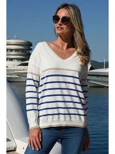 Bleu d'Azur Sweter "Saint Malo" w kolorze biało-niebieskim rozmiar: 44/46. Białe swetry oversize Bleu d'Azur, w ażurowe wzory, bez ramiączek. Za 206,42 zł.