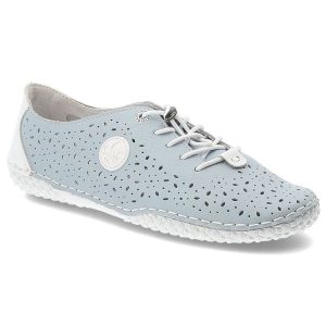 Półbuty damskie Rieker, ażurowa cholewka sznurowane lekka podeszwa wygodny codzienny fason, niebieskie, 43656-12. Niebieskie półbuty Rieker, w ażurowe wzory, z jeansu, bez obcasa, na płaskiej podeszwie, bez zapięcia. Za 319,00 zł.