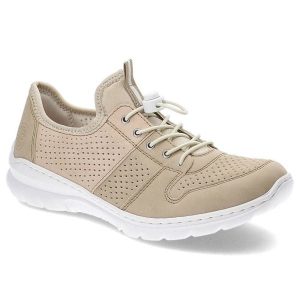 Beżowe Półbuty Rieker Wygodne Buty Damskie. Brązowe czółenka Rieker, bez wzorów, ze skóry ekologicznej, bez obcasa, na koturnie, bez zapięcia. Za 339,00 zł.