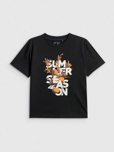 4F T-shirt boxy z nadrukiem damski - czarny S. Czarne t-shirty 4f, s, bez wzorów, z bawełny, bez kołnierzyka, bez ramiączek. Za 69,99 zł.