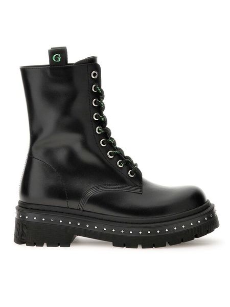 Guess Trzewiki Joya FL7JYA LEA10 Czarny. Czarne botki Guess, z aplikacjami, ze skóry, bez obcasa, na płaskiej podeszwie, bez zapięcia. Za 419,99 zł.