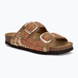 Klapki damskie Scholl Noelle Crochet. Brązowe klapki Scholl, bez wzorów, z materiału, bez obcasa. Za 409,99 zł.