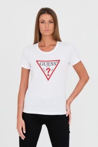 GUESS Biały damski t-shirt bawełniany Original Tee, Rozmiar S. Białe t-shirty Guess, s, z aplikacjami, z bawełny, bez kołnierzyka, bez ramiączek. W wyprzedaży za 79,99 zł.