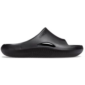 Klapki dla dorosłych Crocs Mellow Recovery Slide. Czarne klapki Crocs, bez wzorów, bez obcasa. W wyprzedaży za 142,97 zł.