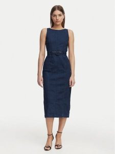 French Connection Sukienka jeansowa 719C7 Niebieski Regular Fit. Niebieskie sukienki French Connection, bez wzorów, z bawełny, bez kołnierzyka, bez ramiączek. Za 526,99 zł.