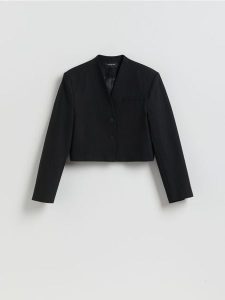 Krótka marynarka z bawełną - czarny. Czarne marynarki i żakiety Reserved, l, bez wzorów, z bawełny. Za 199,99 zł.