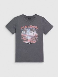4F T-shirt regular z nadrukiem damski - szary XS. Szare t-shirty 4f, xs, bez wzorów, z bawełny, bez kołnierzyka, bez ramiączek. Za 69,99 zł.