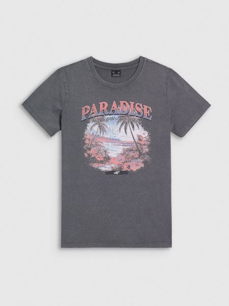 4F T-shirt regular z nadrukiem damski - szary XS. Szare t-shirty 4f, xs, bez wzorów, z bawełny, bez kołnierzyka, bez ramiączek. Za 69,99 zł.