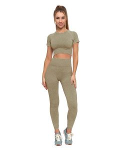 Beżowy Damskie Komplet Top + Legginsy Moraj. Brązowe legginsy Moraj, bez wzorów, z podwyższonym stanem, krótkie. Za 119,00 zł.