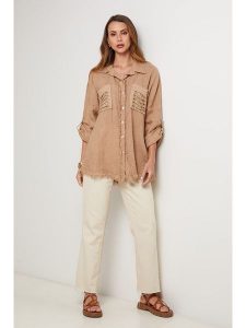 Lin Passion Lniana koszula w kolorze karmelowym rozmiar: 36/38. Brązowe koszule Lin Passion, bez wzorów, ze lnu, bez kołnierzyka, bez ramiączek. Za 173,99 zł.