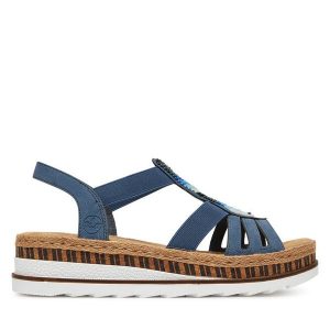 Sandały Rieker. Niebieskie sandały Rieker, bez wzorów, bez obcasa, na koturnie, bez zapięcia. Za 249,99 zł.