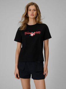 4F T-shirt loose z nadrukiem damski - czarny L. Czarne t-shirty 4f, l, bez wzorów, z bawełny, bez kołnierzyka, bez ramiączek. Za 69,99 zł.