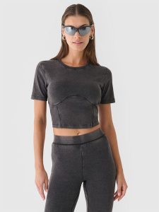 4F Crop top slim gładki damski - czarny S. Czarne topy 4f, s, bez wzorów, z bawełny, sportowe, bez kołnierzyka, bez ramiączek. Za 69,99 zł.