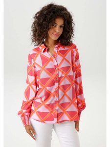 Aniston Bluzka w kolorze czerwono-pomarańczwo-jasnoróżowym rozmiar: 42. Czerwone bluzki Aniston, bez wzorów, z wiskozy, bez kołnierzyka, bez ramiączek. Za 96,45 zł.