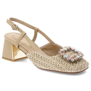 Czółenka damskie Alma En Pena, z zabudowanym przodem wykonane z plecionego materiału osadzone na stabilnym obcasie z regulowanym paskiem wokół kostki. Brązowe czółenka Alma en Pena, z aplikacjami, bez obcasa, na obcasie, bez zapięcia. Za 503,90 zł.