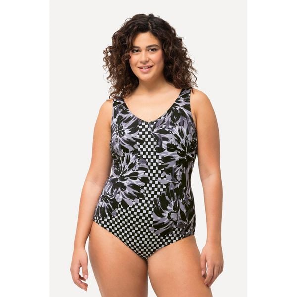 Damski Kostium kąpielowy nadruk patchworkowy bez miękkich miseczek. Czarne stroje jednoczęściowe Ulla Popken, bez wzorów, z poliesteru. Za 195,99 zł.