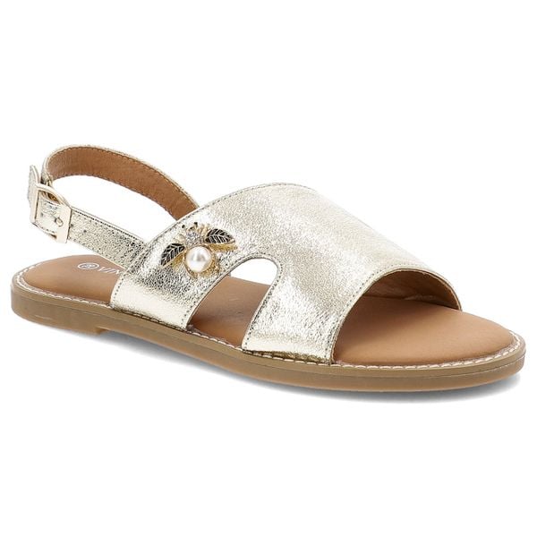 Sandały damskie Vinceza, na płaskim obcasie eleganckie ze sprzączką z ozdobą, złote, 17378-GD. Żółte sandały VINCEZA, z aplikacjami, bez obcasa, na płaskiej podeszwie, bez zapięcia. Za 116,90 zł.