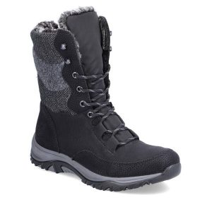 Śniegowce Rieker. Czarne buty zimowe Rieker, bez obcasa, bez zapięcia. Za 299,99 zł.
