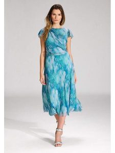 SWING Sukienka w kolorze turkusowo-niebieskim rozmiar: 36. Niebieskie sukienki Swing, bez wzorów, bez kołnierzyka, bez ramiączek, midi. Za 217,99 zł.