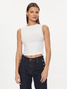 Guess Bluzka Ofelia W4GP52 KBYN0 Biały Regular Fit. Białe bluzki Guess, xxl, z aplikacjami, z syntetyku, bez kołnierzyka, bez ramiączek. Za 219,99 zł.