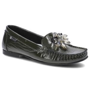 Zielone Mokasyny Nessi Damskie Eleganckie Obuwie. Zielone półbuty Nessi, z aplikacjami, ze skóry, bez obcasa, na płaskiej podeszwie, bez zapięcia. Za 259,00 zł.