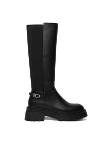 Nine West Kozaki CEO-MUNA-01 Czarny. Czarne kozaki Nine West, bez wzorów, z materiału, bez obcasa, na płaskiej podeszwie, bez zapięcia. Za 349,99 zł.
