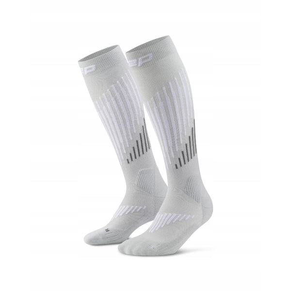 Długie skarpety kompresyjne dla kobiet z wełną Merino Core Run CEP. Szare skarpetki CEP, bez wzorów, z elastanu. Za 199,00 zł.
