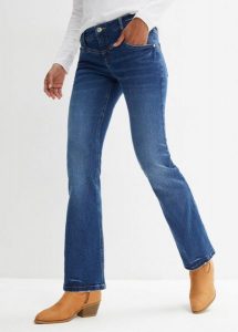 Jeansy ze stretchem o kroju bootcut, mid waist. Niebieskie jeansy bonprix, bez wzorów, z jeansu. Za 124,99 zł.