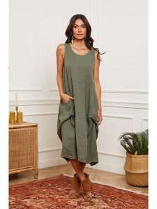 La Compagnie Du Lin Lniana sukienka "Alteo" w kolorze oliwkowym rozmiar: M. Brązowe sukienki La Compagnie Du Lin, na co dzień, m, bez wzorów, ze lnu, bez kołnierzyka, bez ramiączek, maxi, proste. Za 165,99 zł.