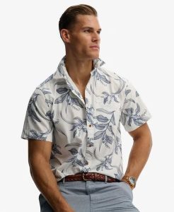 Superdry Koszula krótki rękaw Vintage Loom z bawełny organicznej – Canna Leaves. Niebieskie koszule Superdry, s, bez wzorów, z bawełny, bez kołnierzyka, bez ramiączek. Za 280,40 zł.