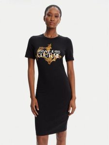 Versace Jeans Couture Sukienka codzienna 79HAOE06 CJ02E Czarny Regular Fit. Czarne sukienki Versace Jeans Couture, na co dzień, xxs, bez wzorów, z jeansu, bez kołnierzyka, bez ramiączek, proste. Za 529,99 zł.