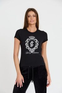 JUICY COUTURE Czarny t-shirt Heritage Crest Fitted. Czarne t-shirty Juicy Couture, s, bez wzorów, bez kołnierzyka, bez ramiączek. W wyprzedaży za 171,99 zł.