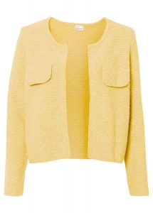 Kardigan z przędzy bouclé. Żółte kardigany bonprix. Za 127,99 zł.