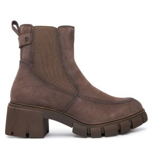 Botki Tamaris. Brązowe botki Tamaris, bez wzorów, bez obcasa, na słupku, bez zapięcia. Za 489,99 zł.
