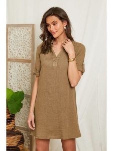 Lin Passion Lniana sukienka w kolorze beżowym rozmiar: 36/38. Brązowe sukienki Lin Passion, na co dzień, bez wzorów, ze lnu, klasyczne, bez kołnierzyka, bez ramiączek, mini, proste. Za 113,99 zł.