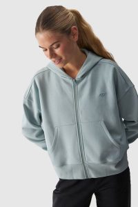 4F Bluza dresowa rozpinana z kapturem damska - turkusowa XS. Niebieskie bluzy 4f, xs, bez wzorów, z bawełny, z kapturem. Za 149,99 zł.