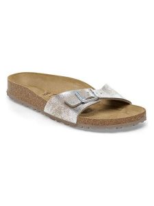 Birkenstock Klapki "Madrid" w kolorze srebrnym rozmiar: 37. Szare klapki Birkenstock, bez wzorów, ze skóry, z otwartym noskiem, bez obcasa. Za 341,67 zł.